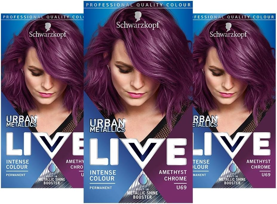 Schwarzkopf Live Intense Colour Hair Dye, Permanent Colour & Built-In Vibrancy Serum – 3x U69 Amethyst Chrome