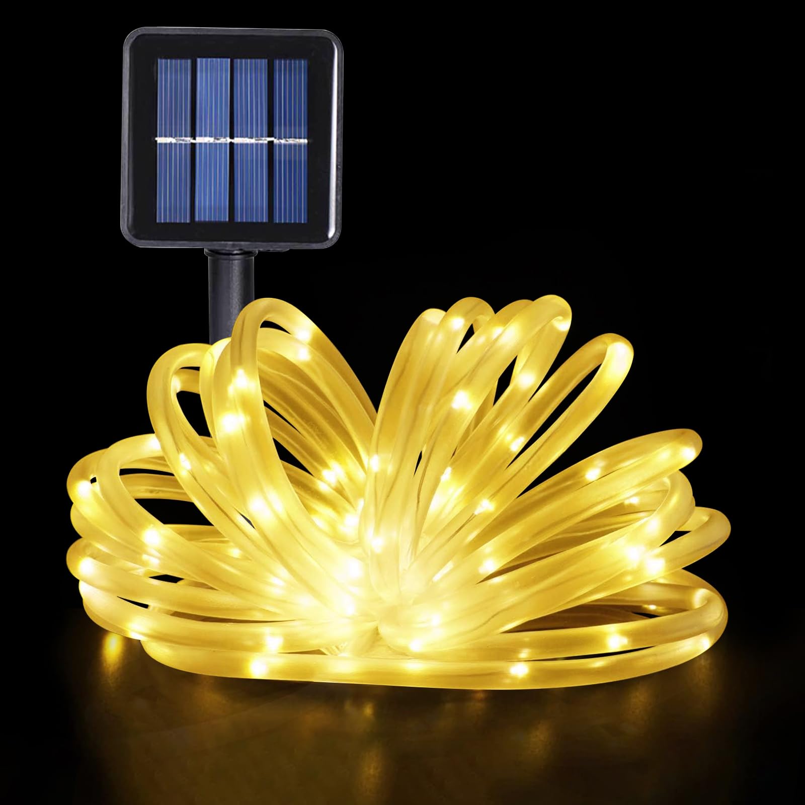 GHONLZIN Solar String Lights Outdoor Rope Lights 33ft 8 Modes 100 LEDs Solar Powered Waterproof Rope Lights for Garden Wedding Christmas Party Holiday Decorations (12M-Warm White)