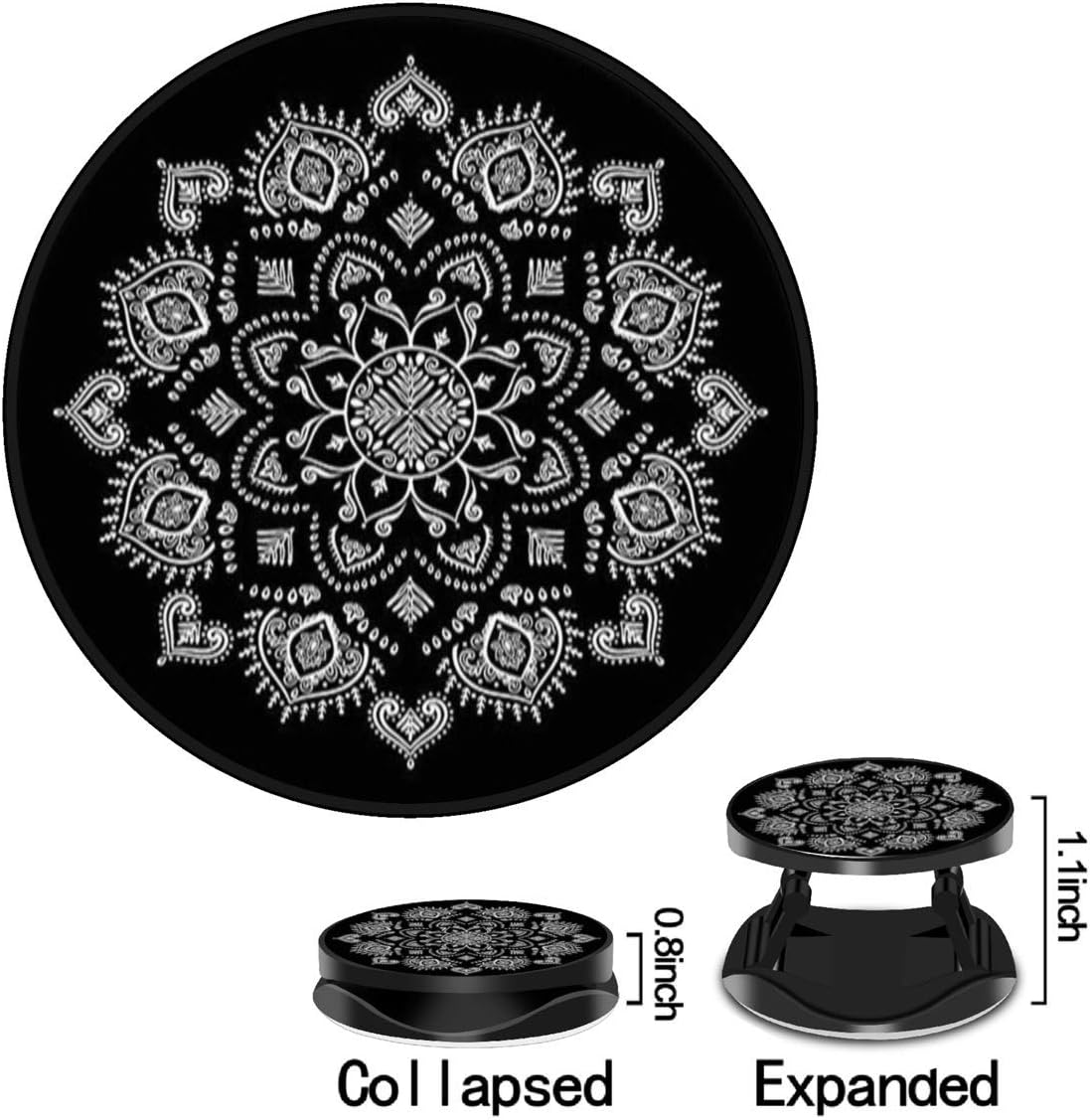 Cell Phone Finger Stand Holder, White Mandala Black Grip Foldable Phone Mount Expanding Kickstand Compatible with All Tablets and Smartphones