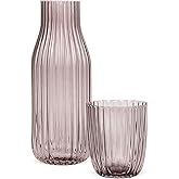 elle decor Ribbed Bedside Water Carafe with Tumbler Set | Ribbed Glass Pitcher and Matching Drinking Glass Doubles as Lid | 39-Ounce Jug for Guest Room, Office, or Gift | 4” x 9.5” (Smoke Gray)