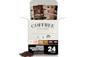 COFFREE Organic Instant Coffee Packets Variety Pack - Convenient Single Serve Coffee Sticks, Mold Free, Low Acid Arabica for On-the-Go Energy - 0–150% Caffeine Options for Hot or Cold Brew - 24 Count