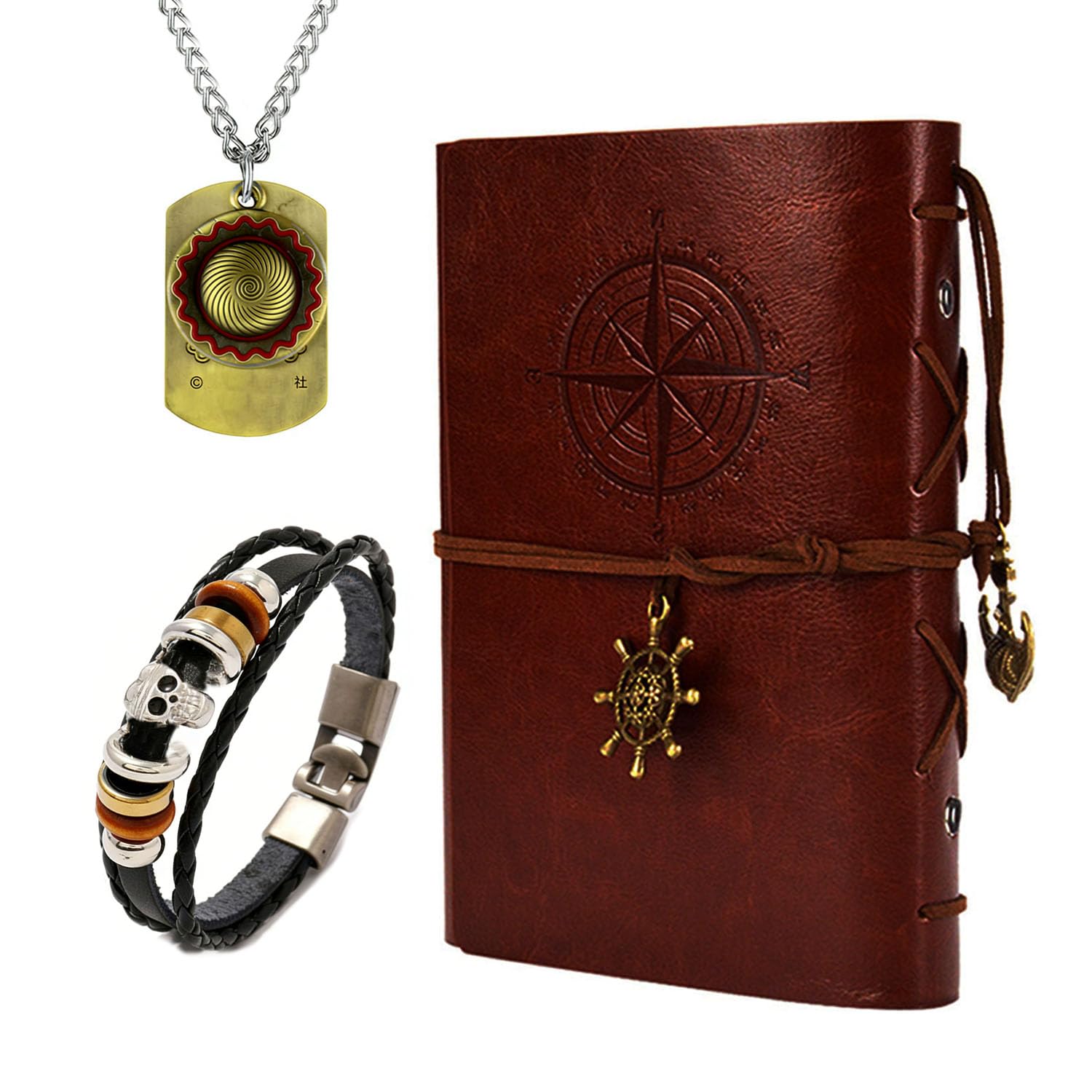 YouU Anime OP. Cosplay Jewelry Leather Writing Journal Refillable Notebook Ruffy Necklace PU Leather Bangle Skeleton Pendant Bracelet Wristband with Stickers Total 23 pcs