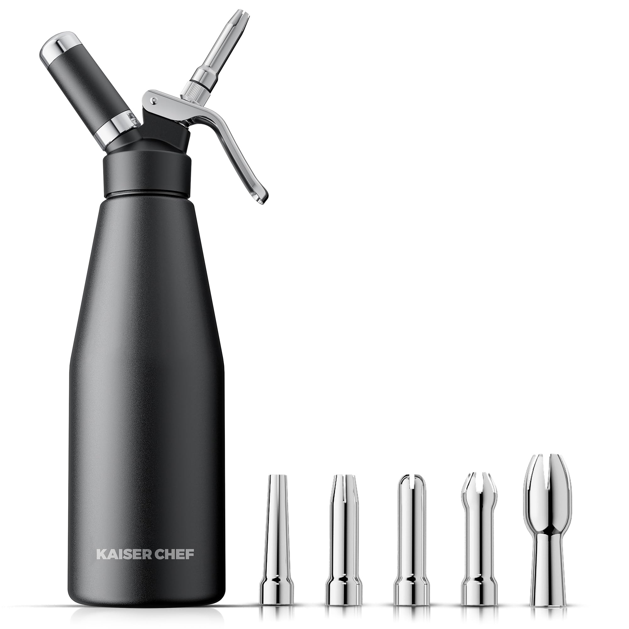 Photo 1 of Professional Aluminum Whipped Cream Dispenser - 1000 mL/1 Pint,Leak-Free Whipped Cream Maker Canister with 5 Decorating Nozzles & Cleaning Brush - N2O Chargers (Not Included) (Black, 1000ml)