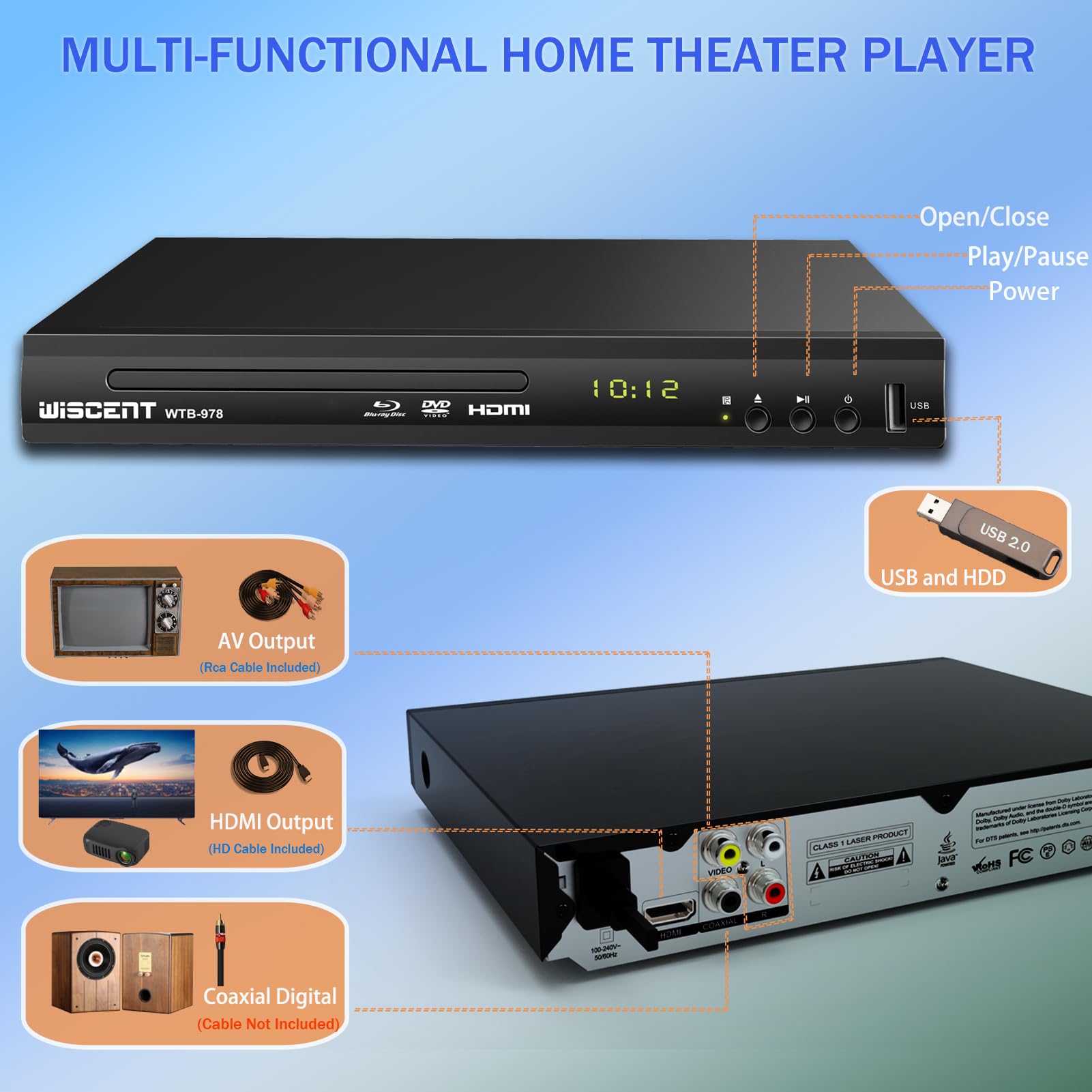 Blu-Ray Player für TV, WISCENT DVD Player mit Koaxial/HDMI/AV/Ausgang, USB-Eingang, Alle DVDs und Region B/2 Blue Ray Discs, Kompakter Full HD 1080p Bluray Player 3