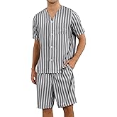 Vulcanodon Mens Striped Pajama Set Cozy Lightweight Short Sleeve Button Down Lounge Pjs with Pockets and Button Fly