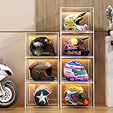 GUDEMAY Large Clear Stackable Acrylic Storage Bins with Door, Dustproof Figure Collectibles Display Case, Football & Motorcycle Helmet Showcase, Basketball, Sports Memorabilia Organizer (XL, Count, 3)