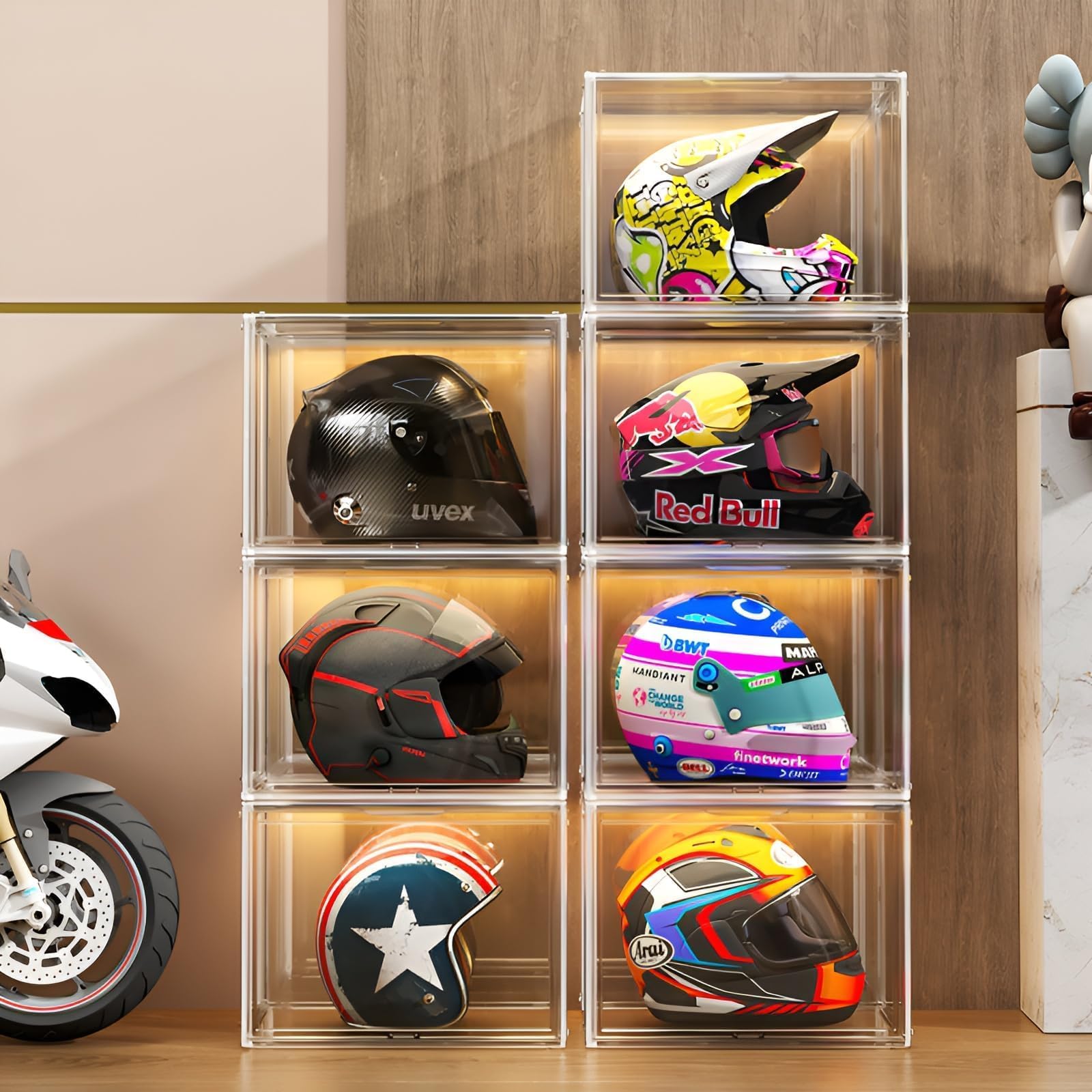 GUDEMAY Large Clear Stackable Acrylic Storage Bins with Door, Dustproof Figure Collectibles Display Case, Football & Motorcycle Helmet Showcase, Basketball, Sports Memorabilia Organizer (XL, Count, 3)