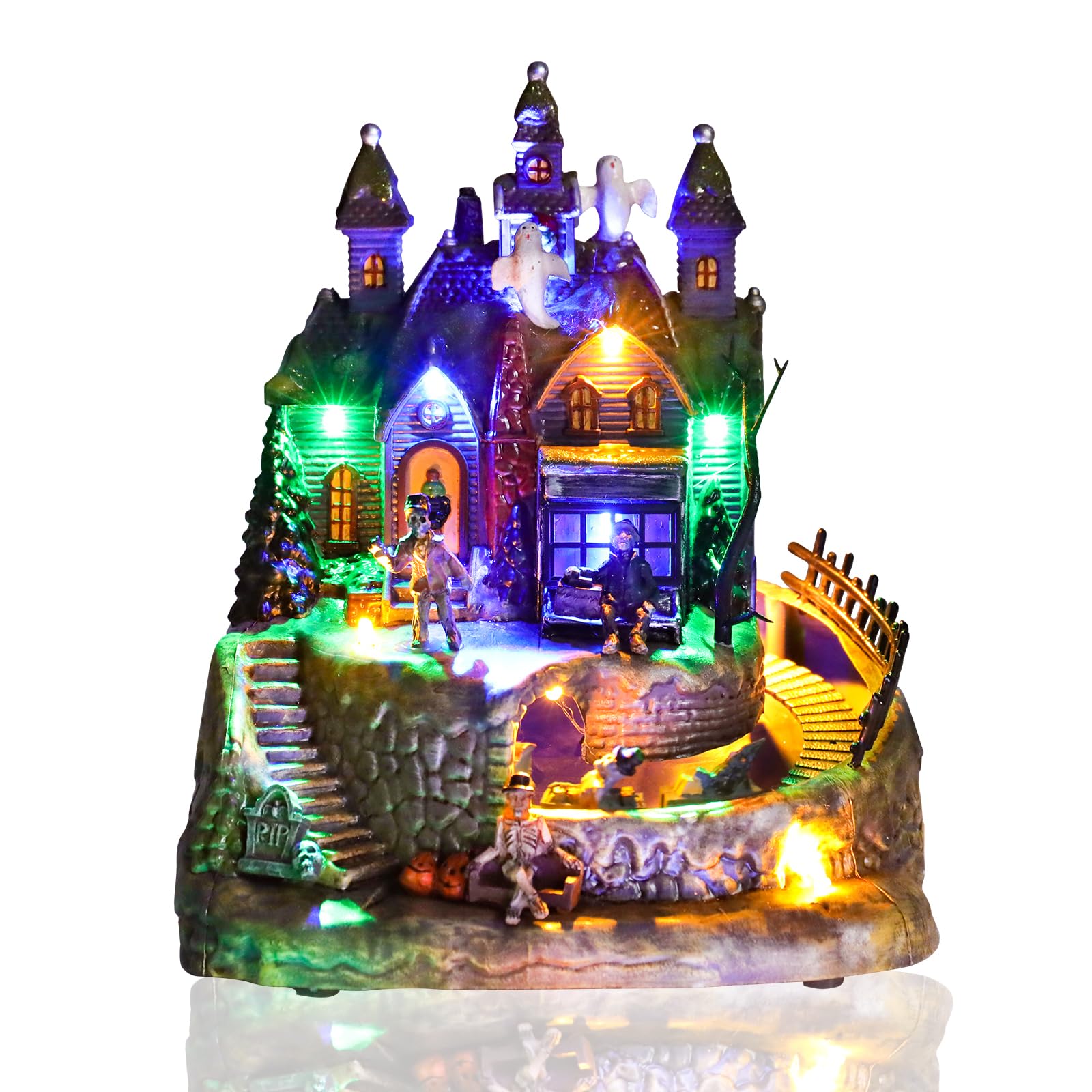 Photo 1 of Vigdur Halloween Village Decorations – Lighted Halloween Haunted House with Rotating Train & Eerie Melody, Battery Operated Resin Spooky Town for Table Mantel Shelf Party Decor, 9 inch