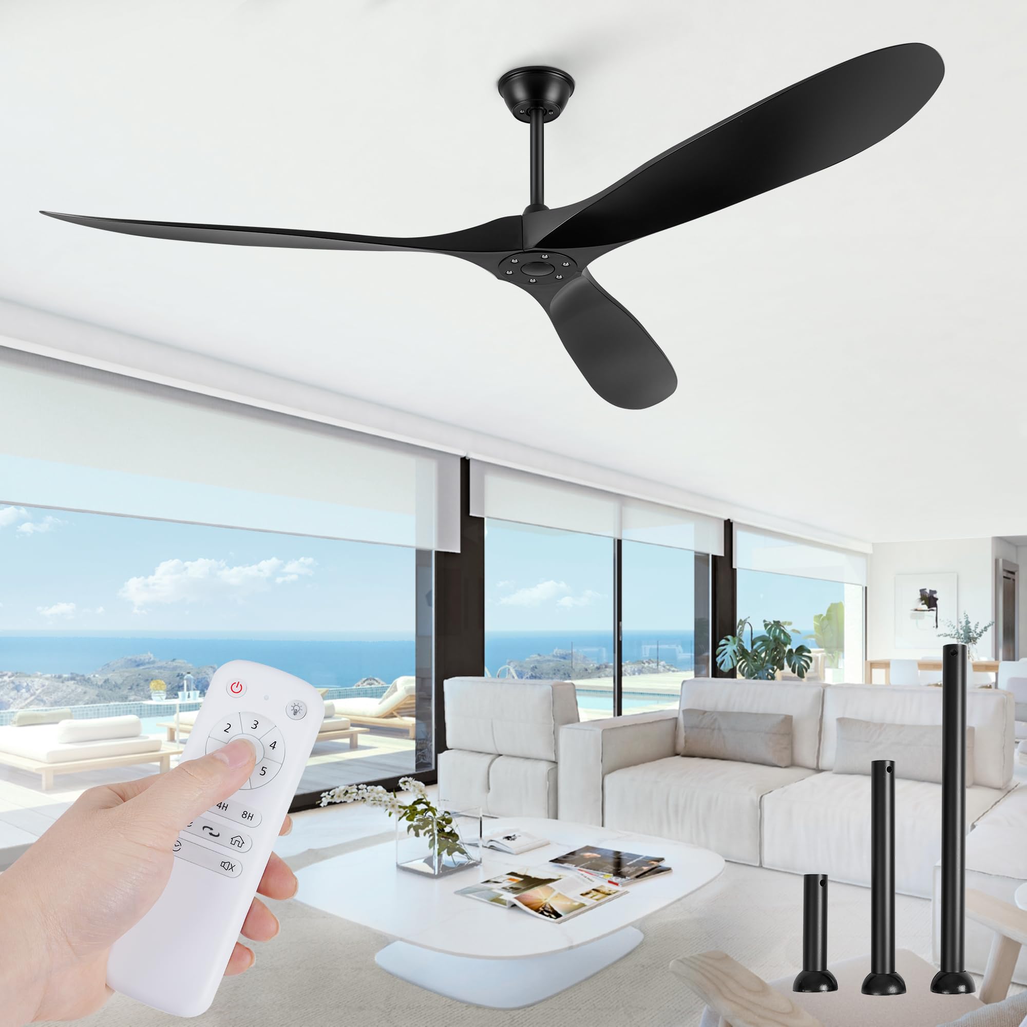 Photo 1 of Fanbulous 70 inch Propeller Outdoor Ceiling Fan No Light, Large Ceiling Fans and Remote, 3 ABS Blades Ceiling Fan without Light for Porch, Patios, Bedroom, 1/4/8H Timing- Black