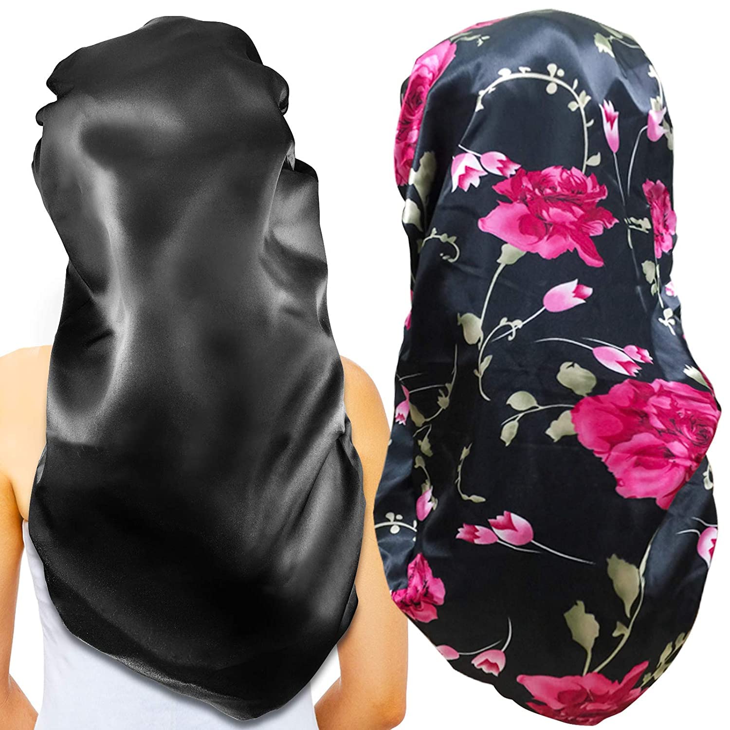 2Pcs Extra Large Braids Bonnets for Sleeping, Soft & Comfortable Elastic Band Bonnets for Women Night Sleep, Satin (Black+Red Pattern)