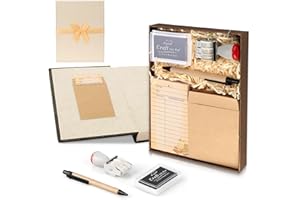 SHIQIKEJIPTY 105 Pieces Library Card Pockets Personal Library Kit with 50 Due Date Note Cards 50 Self Adhesive Envelope Seeves Rubber Stamp Line Dater Inkpad Roller Pens Gold Raffia Gift Box for Gifts Book Lovers