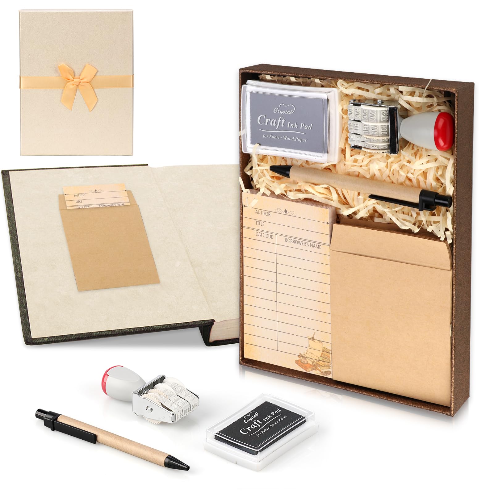 Photo 1 of 105 Pieces Library Card Pockets Personal Library Kit with 50 Due Date Note Cards 50 Self Adhesive Envelope Seeves Rubber Stamp Line Dater Inkpad Roller Pens Gold Raffia Gift Box for Gifts Book Lovers