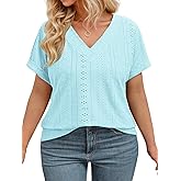 VISLILY Plus-Size-Summer-Tops for Women Casual V Neck T Shirts Trendy Rolled Short Sleeve Workout Tunics Loose Eyelet Tees