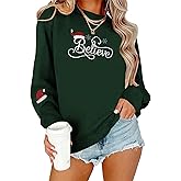 Christmas Sweatshirts for Women Believe Embroidered Cute Christmas Hat Xmas Holiday Party Pullover Blouse