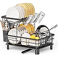 LIONONLY 2 Tier Dish Drying Rack Multifunctional Dish Rack for Kitchen Counter, Stainless Steel Dish Drainer with Drainboard, Utensil Holder, Cup Holder for Dishes, Knives, Spoons, Forks, Black