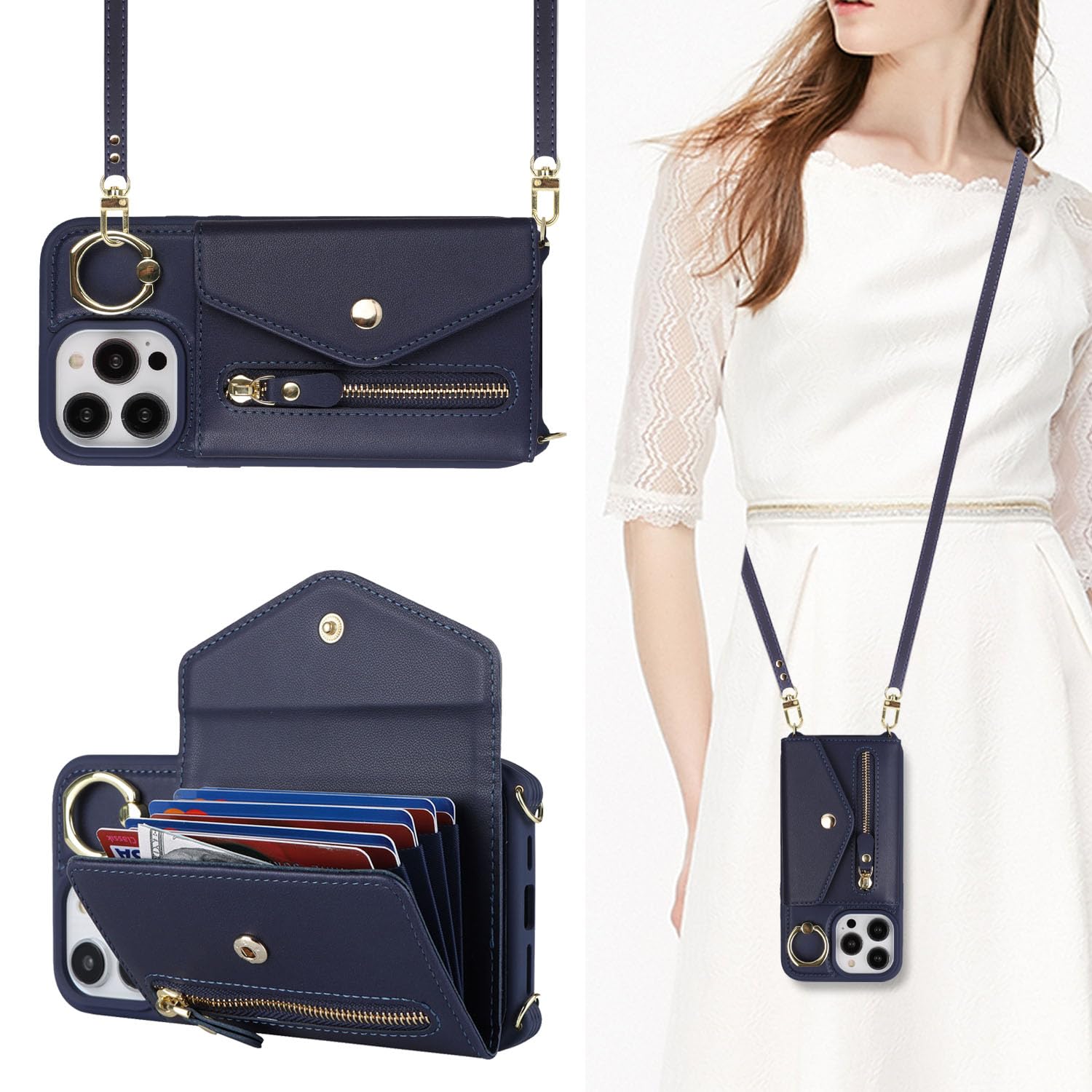 SailorTech iPhone 14 Pro Max Case with Zipper Credit Card Holder for Women, Leather Case Ring Stand with Card Slots Kickstand Wallet Crossbody - Blue