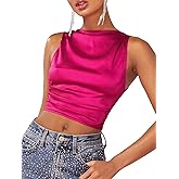 WDIRARA Women's Satin Crop Top Tie Back Backless Sleeveless Ruched Party Blouse Tops