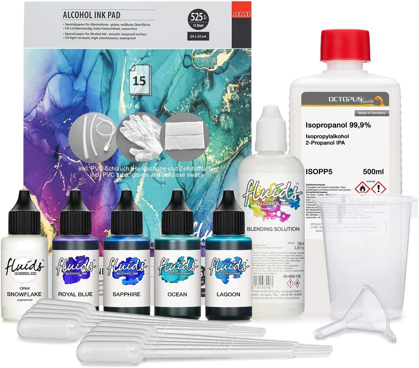 5 x 30 ml Octopus Fluids Alcohol Ink Complete Kit Breeze with Blending Solution, Alcohol Ink Paper and accessoreies for Fluid Art