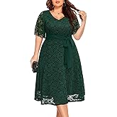 Women Plus Size Lace Bridal Shower Wedding Guest Cocktail Semi Formal V Neck Short Sleeve Midi Dresses