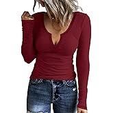 KINLONSAIR Women Casual Long Sleeve Tunic V-Neck Slim Fit T Shirts Basic Tee Tops Crew Neck Ribbed Knit Solid Shirt