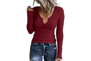 KINLONSAIR Women Casual Long Sleeve Tunic V-Neck Slim Fit T Shirts Basic Tee Tops Crew Neck Ribbed Knit Solid Shirt