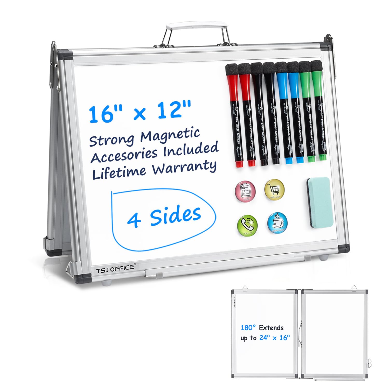 Photo 1 of TSJ OFFICE Small White Board - 12 x 16 Inches 4 Sides Portable Whiteboard Mini Foldable Magnetic Desktop Easel for Students, Tabletop Memo with 4 Hooks for Wall Hanging Office, School, Home