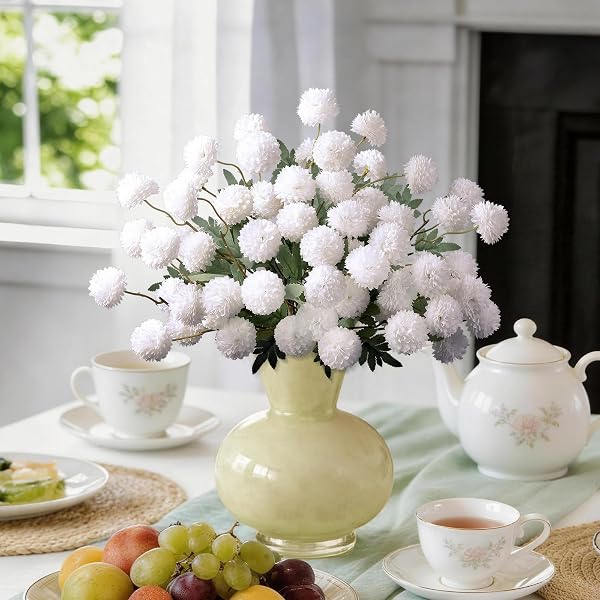 INQCMY ARTIFICIAL FLOWERS 12 PCS FAKE CHRYSANTHEMUMS FAUX KIKU FLOWER LONG STEM 20″ REALISTIC SILK POMPON MUMS FOR VASE WEDDING BOUQUETS CENTERPIECES HOME DECOR (WHITE)