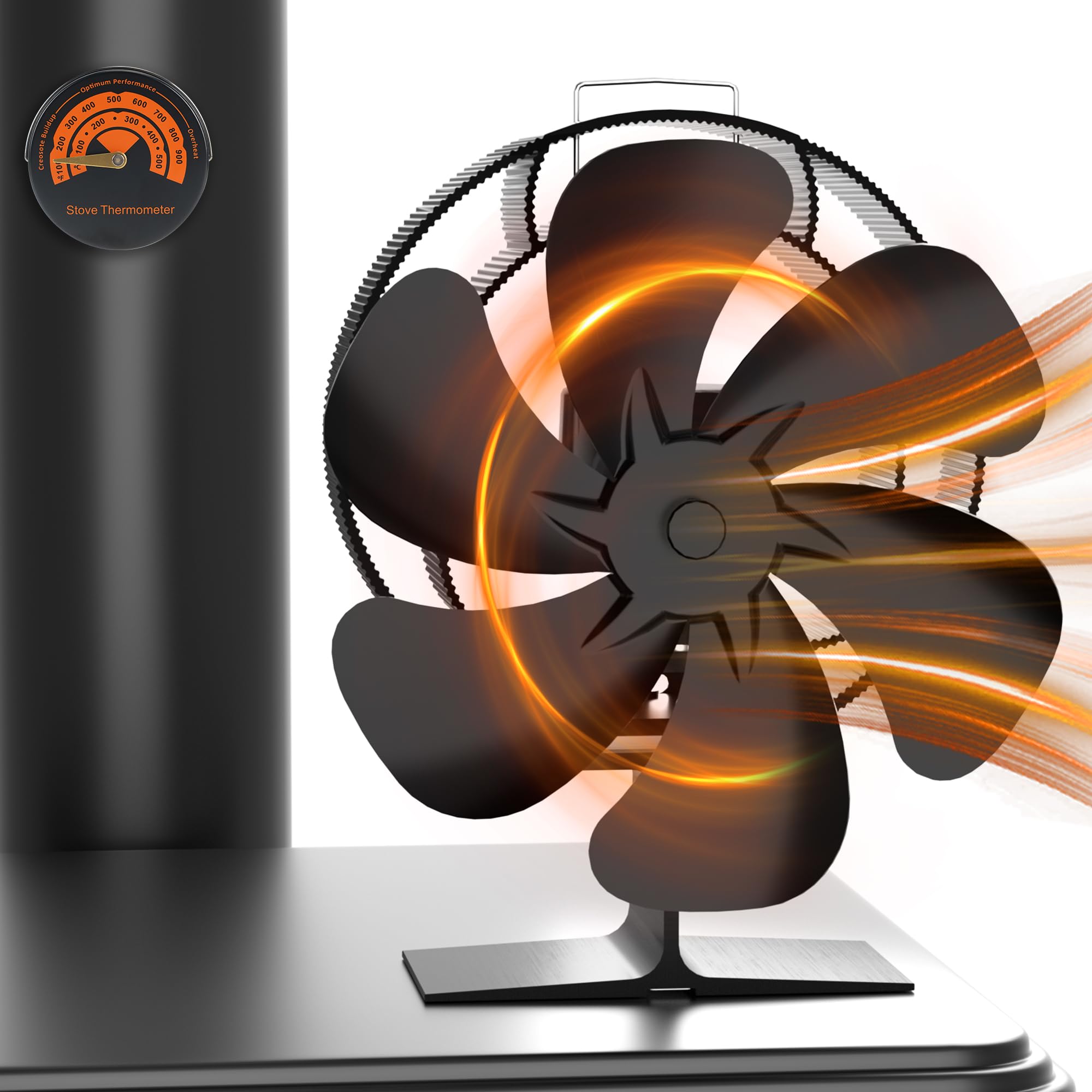 Photo 1 of Easywave Oscillating Wood Stove Fan: Fireplace Fan with Wood Stove Magnetic Thermometer - 6 Blades Heat Powered Stove Fan for Wood/Log Burner/Fireplaces