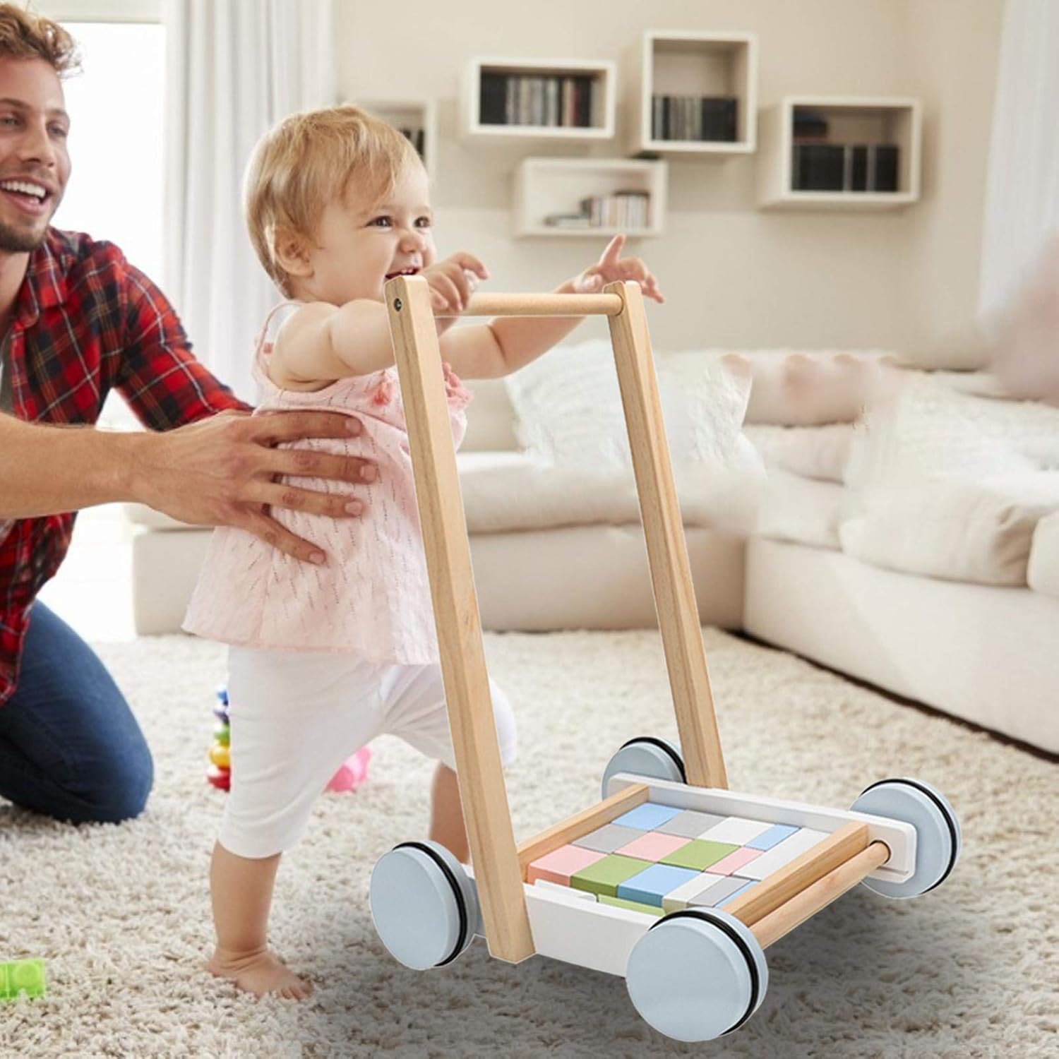 Marcheurs Pour Bebes En Bois Avec Blocs Et Chariot A Roulettes Pousser Le Jouet Walker Toddler Toys Early Learning Center En Bois Pour 1 An Et Plus La Vestmon Baby Learning Walker