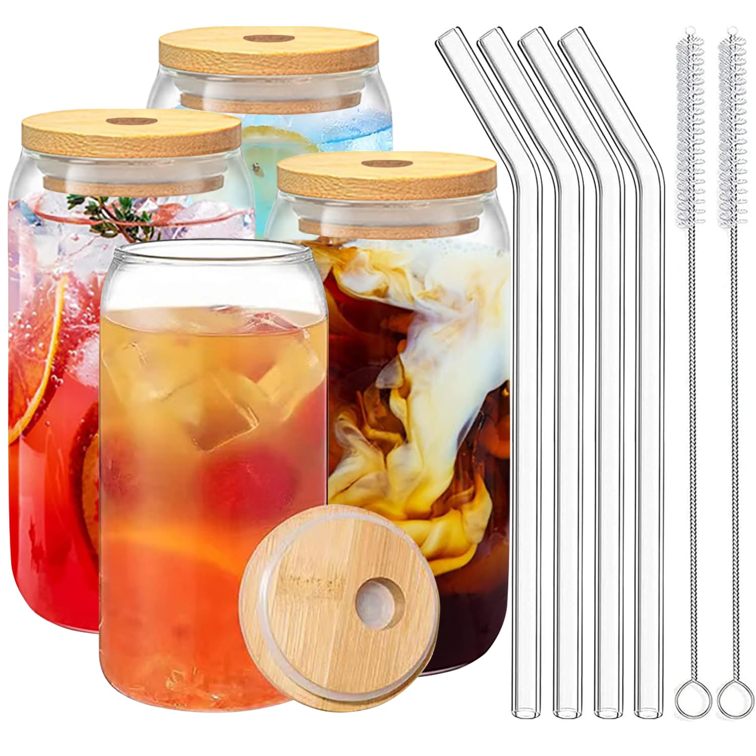 Duscdesp Iced Coffee Cup,Glass Cups with Lids and Straws,Drinking Glasses with Bamboo Lids and Glass Straw,16oz Drinking Glasses Set,Iced Coffee,Cocktail (4 Pcs Set)