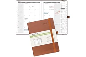 POPRUN Monthly Planner 2025-2026 (Medium- 6.5'' x 8.5'' Soft Cover), 18-Month Calendar Book (January 2025-June 2026), Calendar Planner with Monthly Tabs & Pocket, 100 GSM Paper - Brown