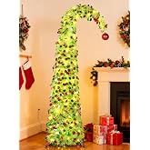 HMASYO 6 FT Whimsical Pop Up Christmas Tree with 100 LED Timer Lights &amp; Remote, Lime Green Christmas Tinsel Tree Collapsible Artificial Curved Pencil Tree for Home Office Holiday Decor, USB Powered
