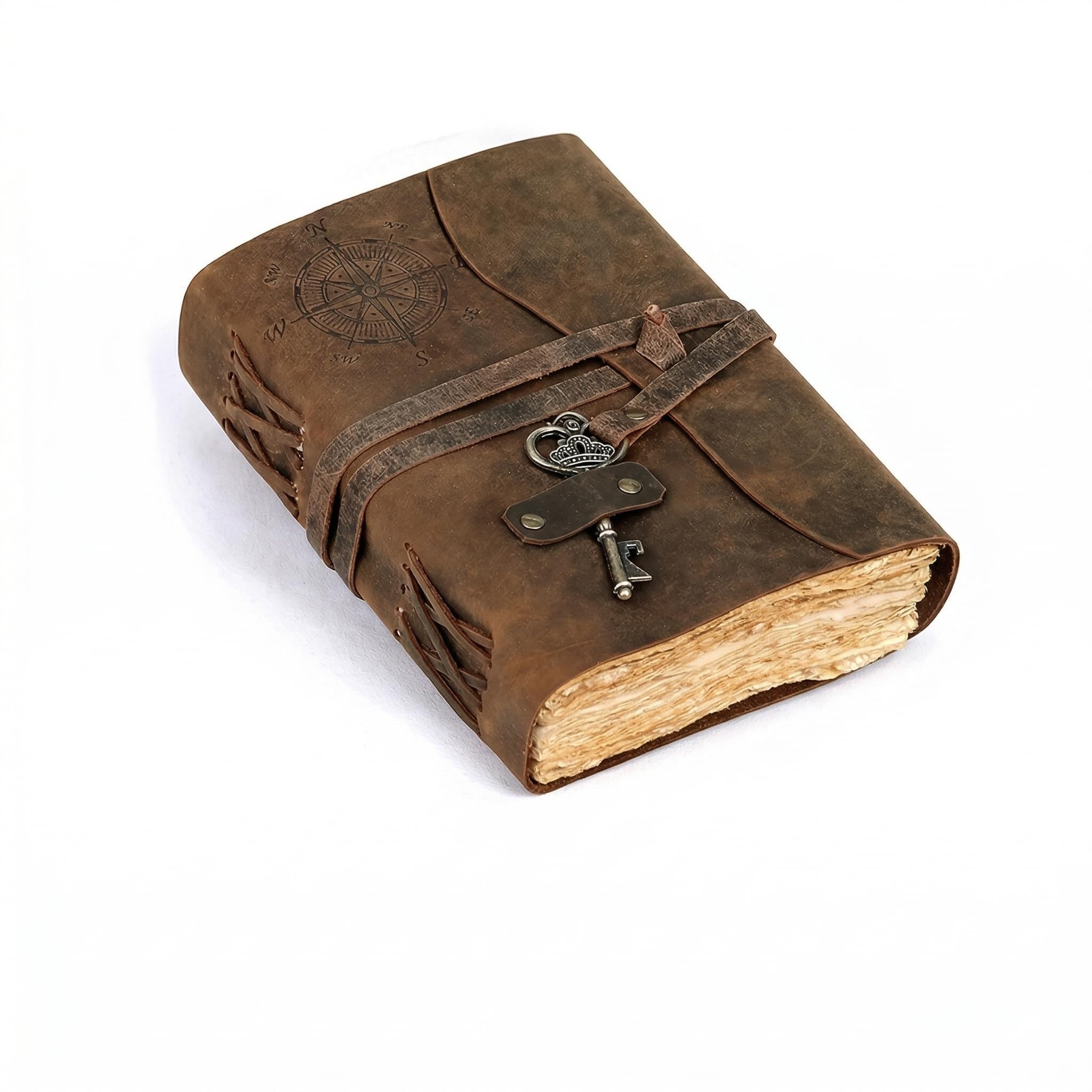 Compass Vintage Leather Journal - Antique Handmade Leather Bound journal with deckle edge paper for Men And Women Diary - Leather Sketchbook - Drawing Journal Notebook - Gift (Vintage Brown,8"x6")