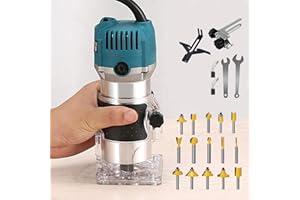 AKYPACH Wood Router + 15PCS 1/4" Router Bit Set Router Tool 800W Wood Routers for Woodworking Electric Hand Tool, 30000R/MIN Compact Edge Trimmer Laminate Milling Engraving with Tungsten Carbide
