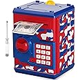 ATM Piggy Bank for Boys Girls, Vcertcpl Mini ATM Coin Bank Money Saving Box with Password, Kids Safe Money Jar for Adults with Auto Grab Bill Slot, Great Gift Toy Bank for Kids (Camouflage Red Blue)