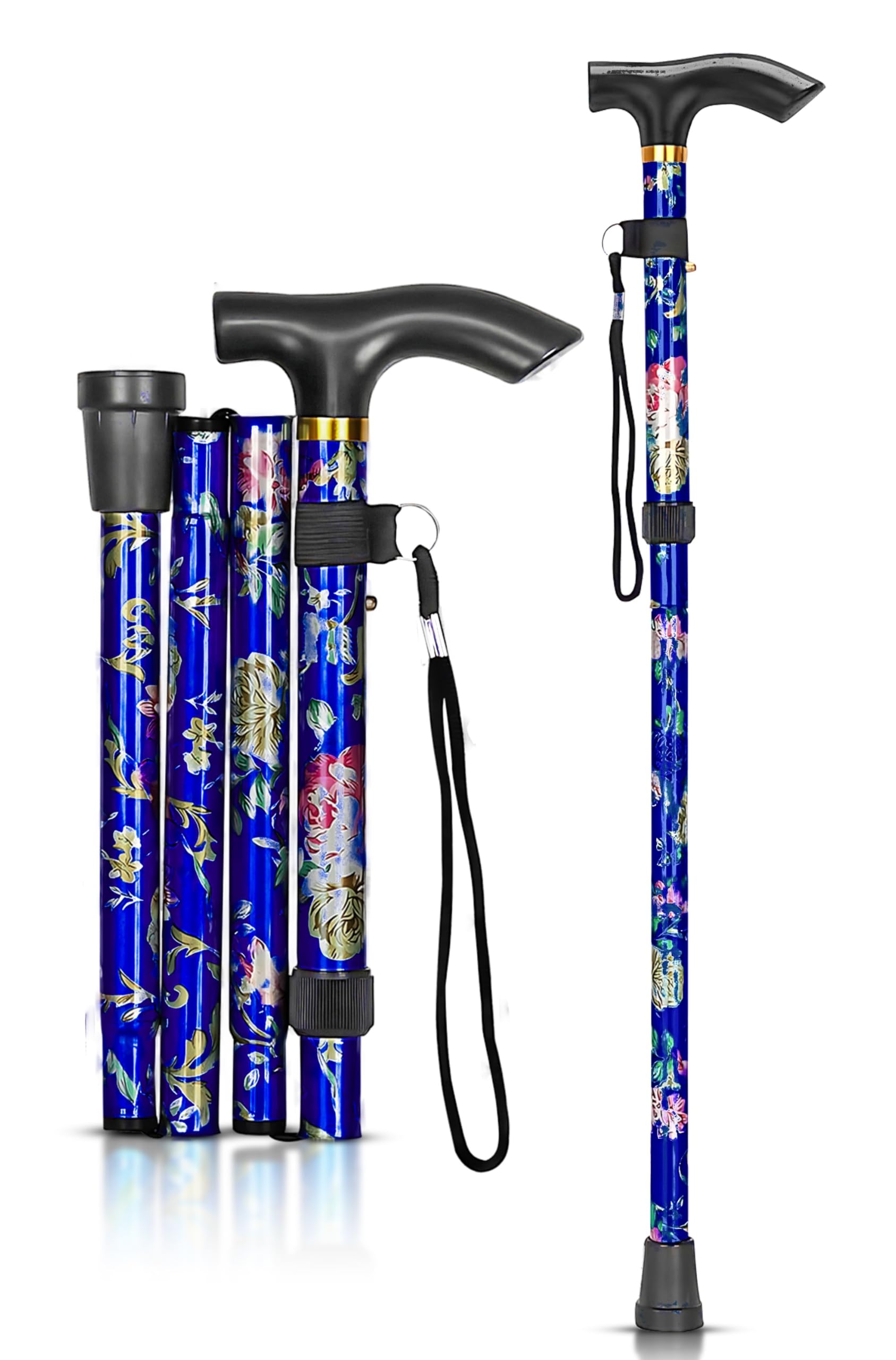 ZallyX Foldable Walking Sticks for Men & Women, 84–92cm Adjustable Ladies Walking Stick, Mobility aids, Collapsible walking stick For Elderly Adults (BLUE FLOWER)
