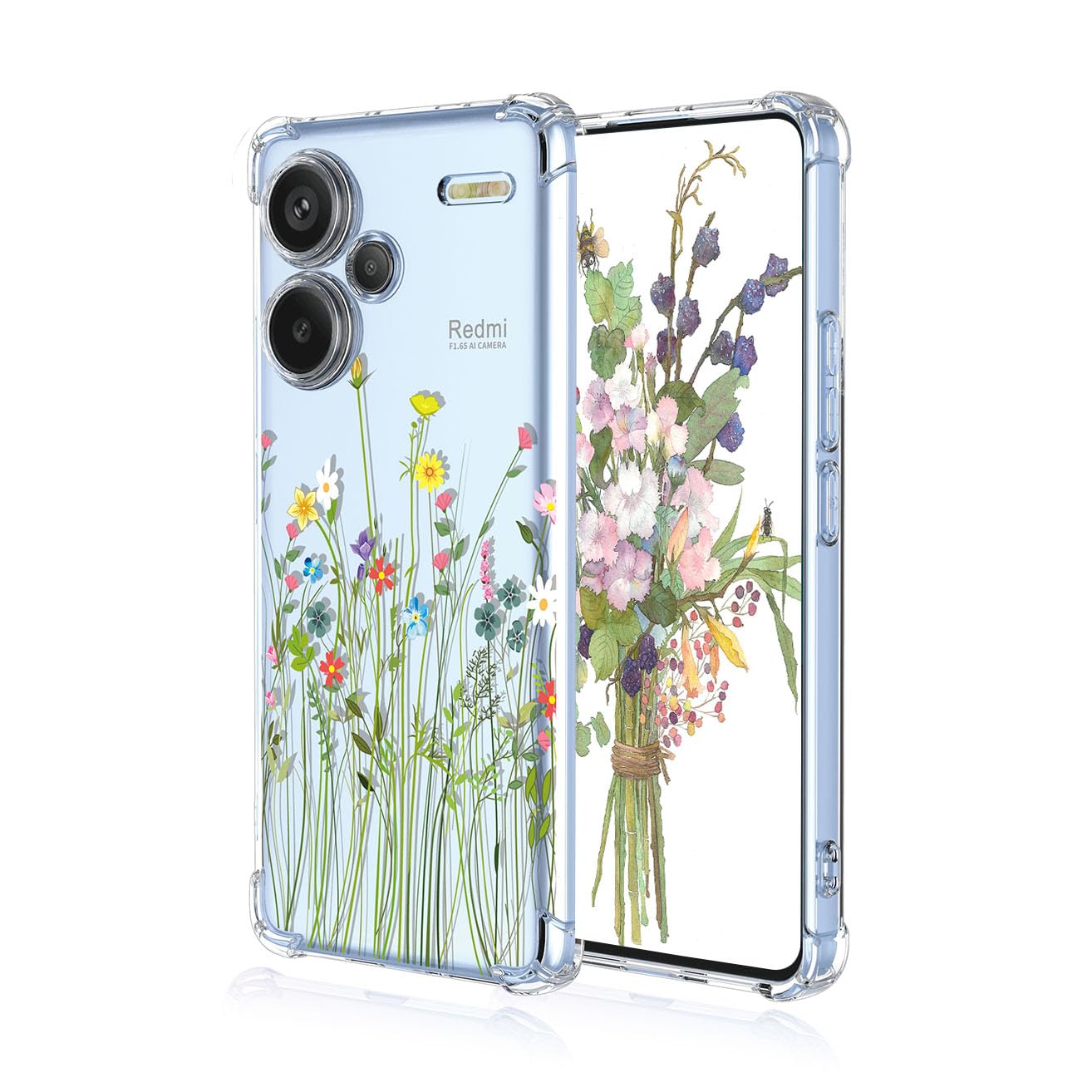YUEQIAN Case for Xiaomi Redmi Note 13 Pro+ Plus 5G, Fashion Flower Cartoon Pattern Clear Cover, Ultra Thin Soft TPU Silicone Bumper Shockproof Boy Girl Transparent Cover (Bouquet)