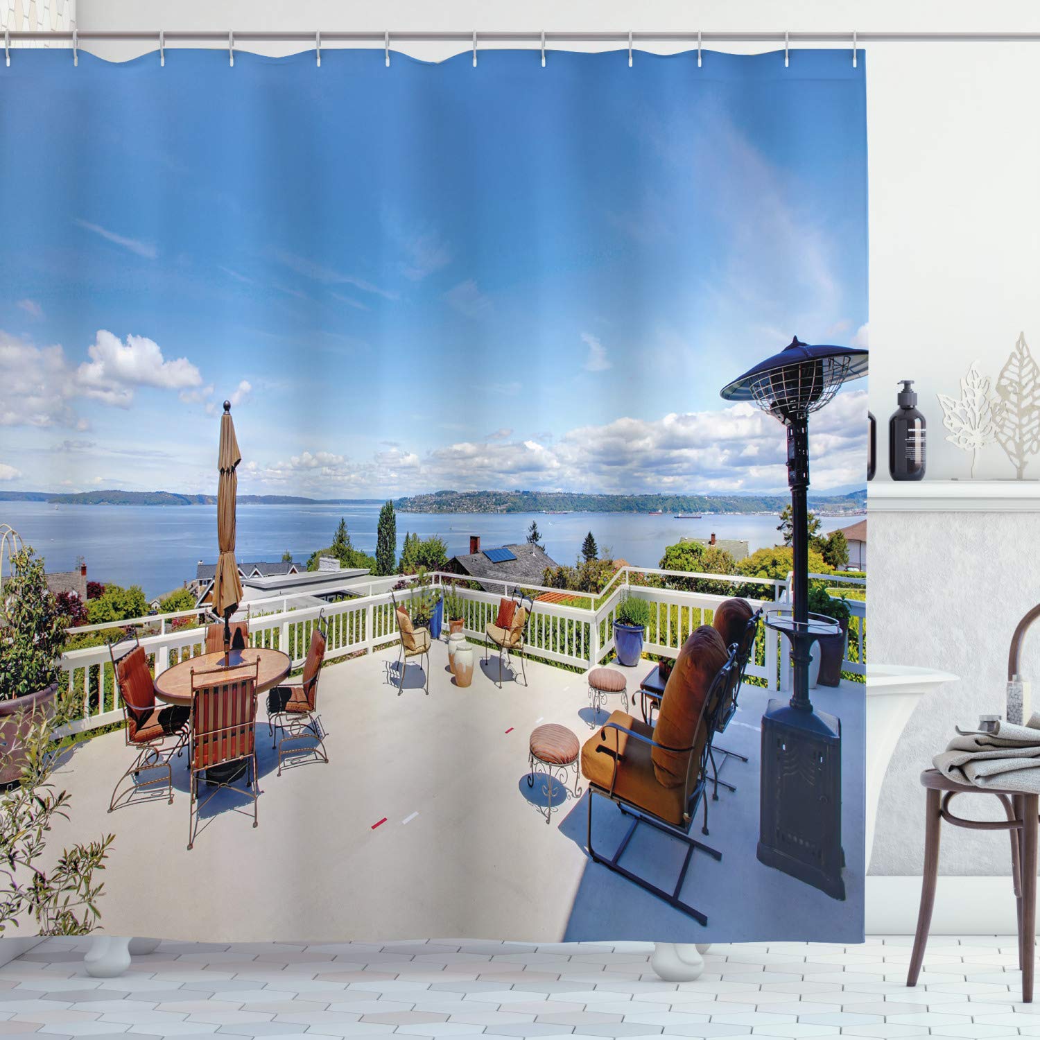 ABAKUHAUS Landscape Shower Curtain, White House Terrace Balcony for Sunbathing Relaxing Sea Ocean Scenery, Cloth Fabric Bathroom Decor Set with Hooks, 94 Inches, Multicolor