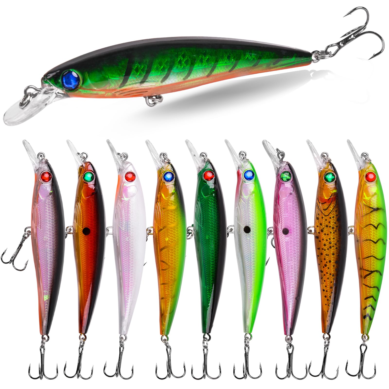 10pcs Fishing Lures Minnow Hard Baits Swimbait Topwater Floating Lures Realistic 3D Eyes Crankbait for Bass Trout Walleye Pike Catfish Saltwater Freshwater