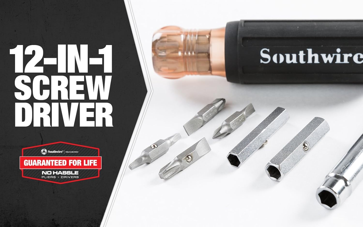 Southwire Tools & Equipment 59723940 12-In-1 Multi-Bit Screwdriver, Interchangeable Bits, Comfort Grip Handle, hex 1/4", 5/16", 3/8"; Phillips #1, 2, 3; slotted SL4-5, SL6-8, sl8-10, and square #1, 2 - - 