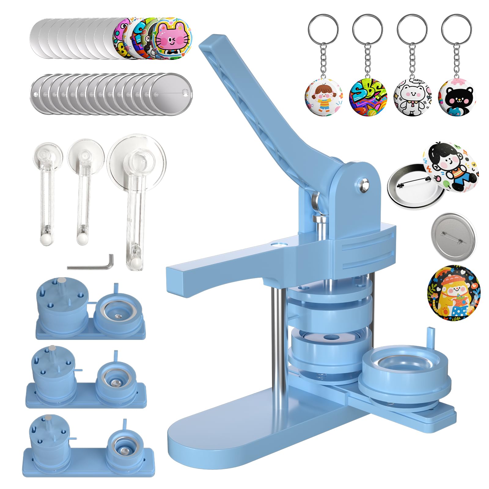 Photo 1 of 1+1.25+2.25 inch Multiple Sizes Button Maker Machine, 300 Buttons, 30 Fridge Magnets, 10 Bottle Openers, 10 Keyrings, 3 Circle Cutters, Button Badge Press Machine (Lightblue, 353 Pcs)