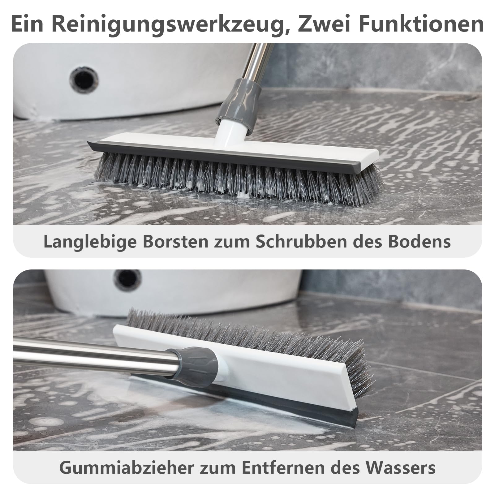 Mitclear Boden-Scheuerbürste mit Stiel(128cm), Schrubber Terrasse mit steife Borsten & Gummiabzieher, Terrassenreiniger, Scheuerbürste für die Reinigung von Fliesen, Balkon, Küche, Bad, Dusche, Garage 2