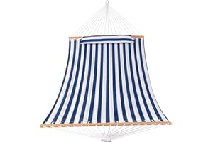 HARBOURSIDE HAMMOCKS HARBOURSIDE 12FT Quilted Hammock with Spreader Bar, 2 Person Double Hammock with Pillow and Chains, Hammock for Indoor Outdoor, Bedroom Patio, 450 lbs Capacity，Blue Stripe