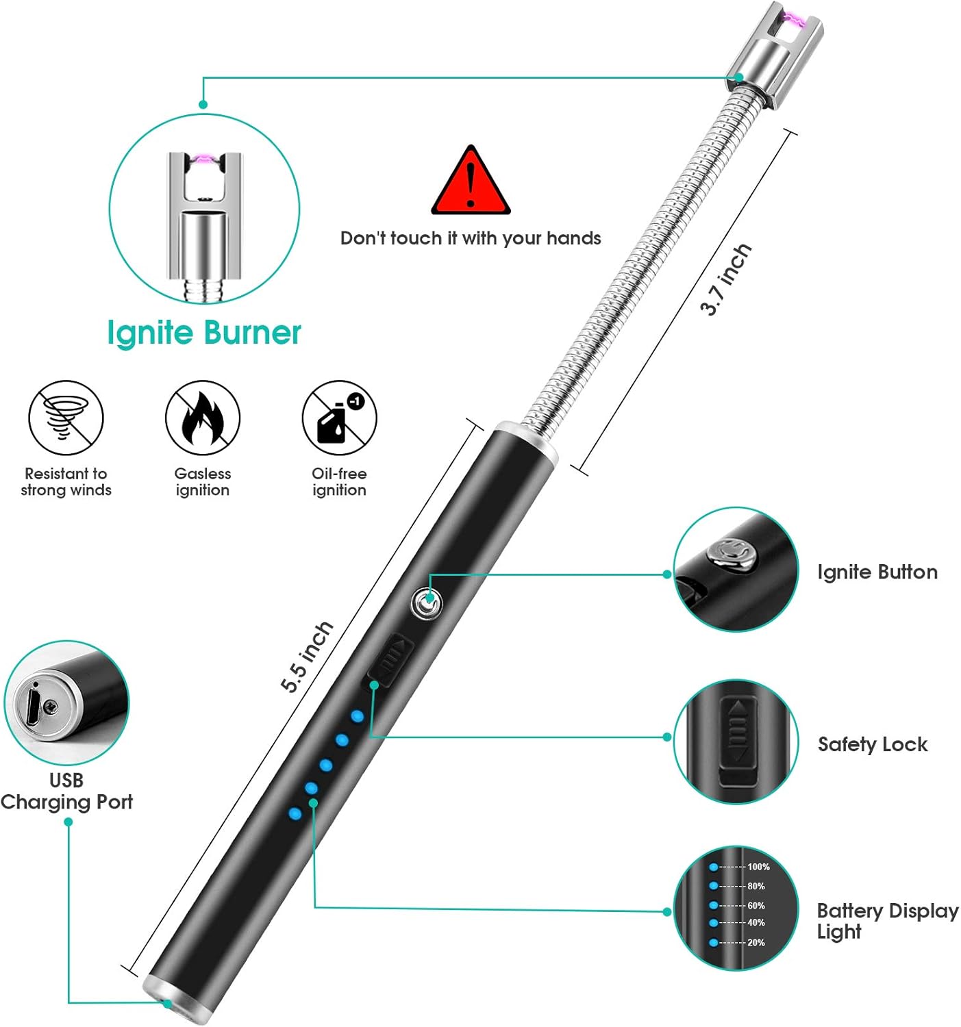 TWODEER Candle Lighter, 2 Pack USB Rechargeable Electric Lighter with LED Battery Display & Safety Switch, Flameless Long Flexible Neck Arc Lighter for Candle Camping Grill Stoves (Black & Silver): Kitchen & Dining