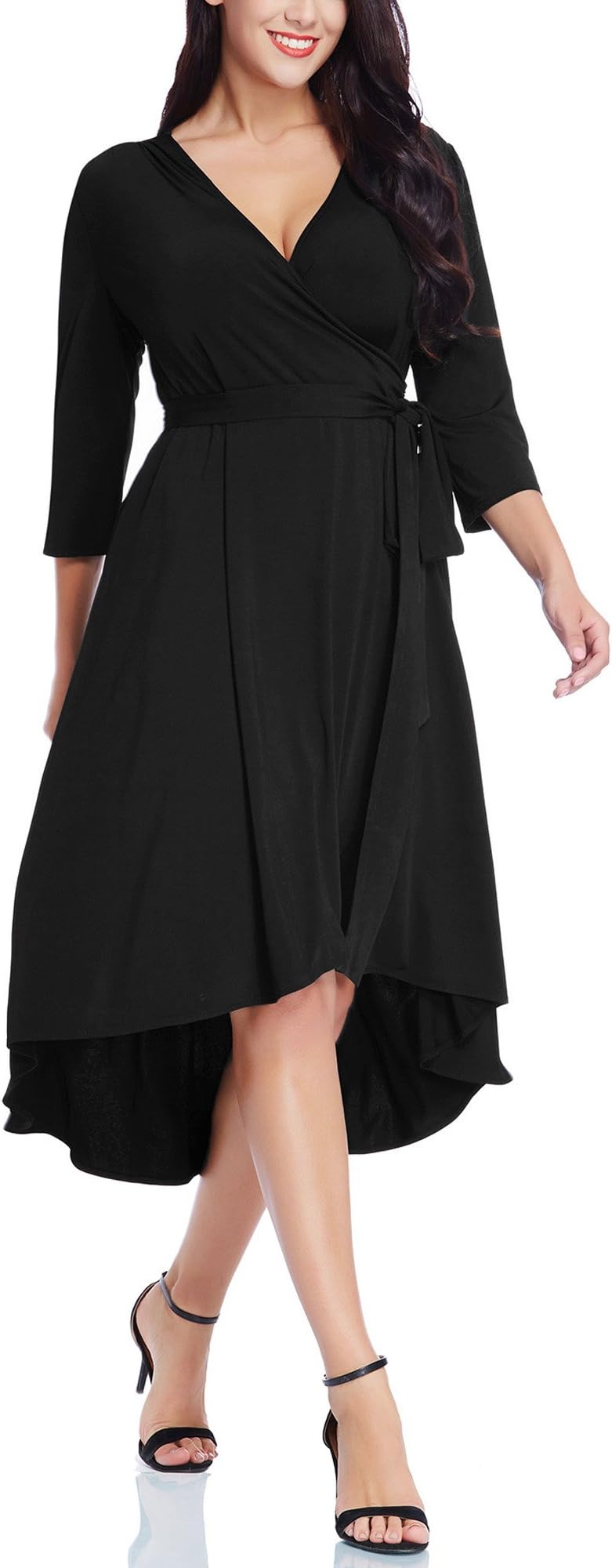 ACKKIA Women's Casual Plus Size High Low A Line V Neck 3/4 Sleeve Midi Cocktail True Wrap Dress