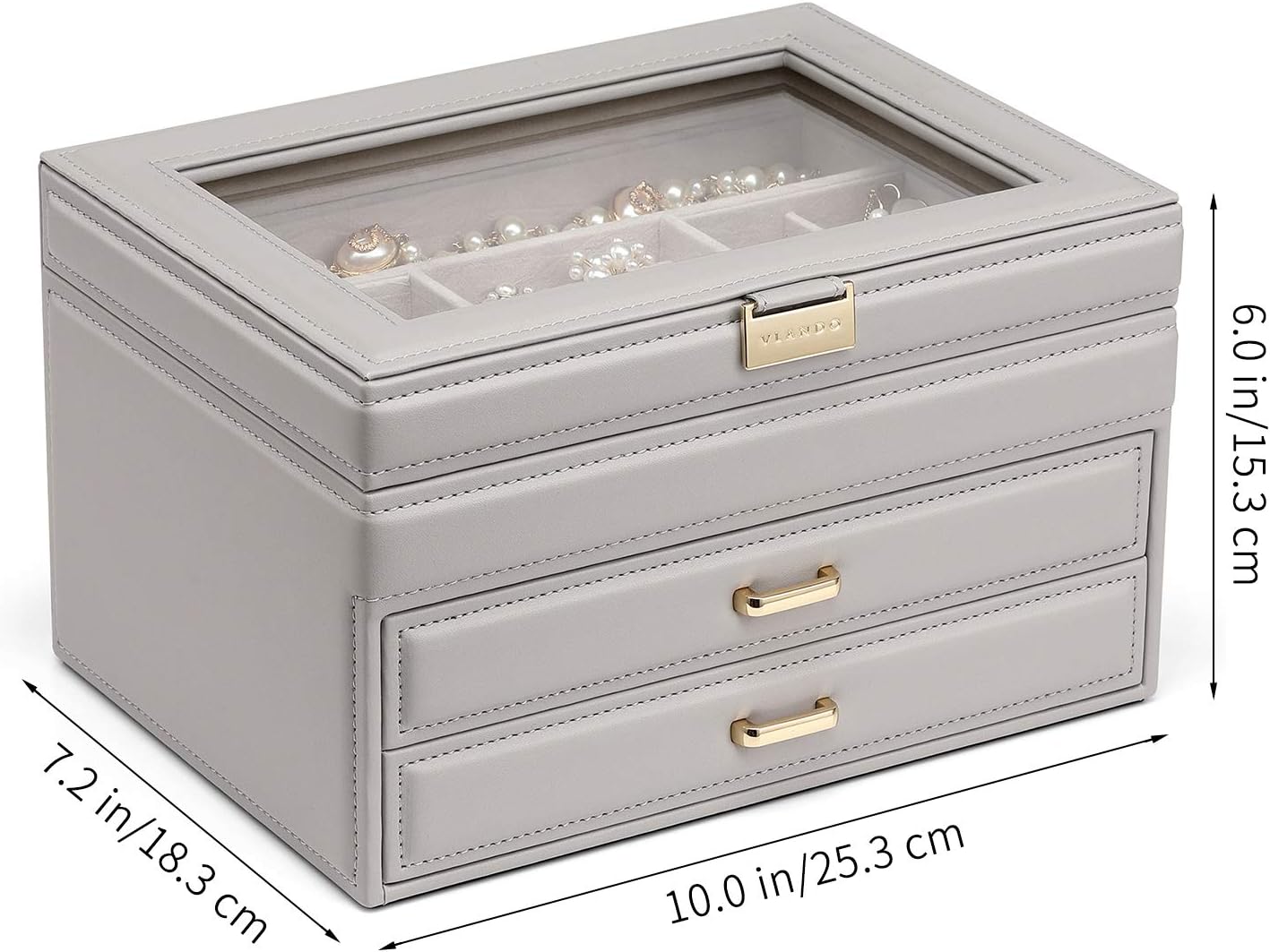 Vlando Jewelry Box Large-Capacity Jewelry Storage Box,Clead Jewelry Storage Box, Girl/Woman Earrings, Necklace, Bracelet (Grey, Clear lid): Home & Kitchen
