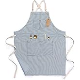 Jeanerlor Blue Striped Denim Aprons for Women and Men - Jean Cross Back Apron Adjustable Neck Unisex with 4 Pockets for Barista, Chef, Barber, Painter and Gardener, Adjustable M to XXL