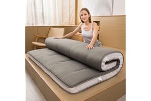 MAXYOYO Futon Mattress, Padded Japanese Floor Mattress Quilted Bed Mattress Topper, Extra Thick Folding Sleeping Pad Breathable Floor Lounger Guest Bed for Camping Couch, Dark Grey, Queen