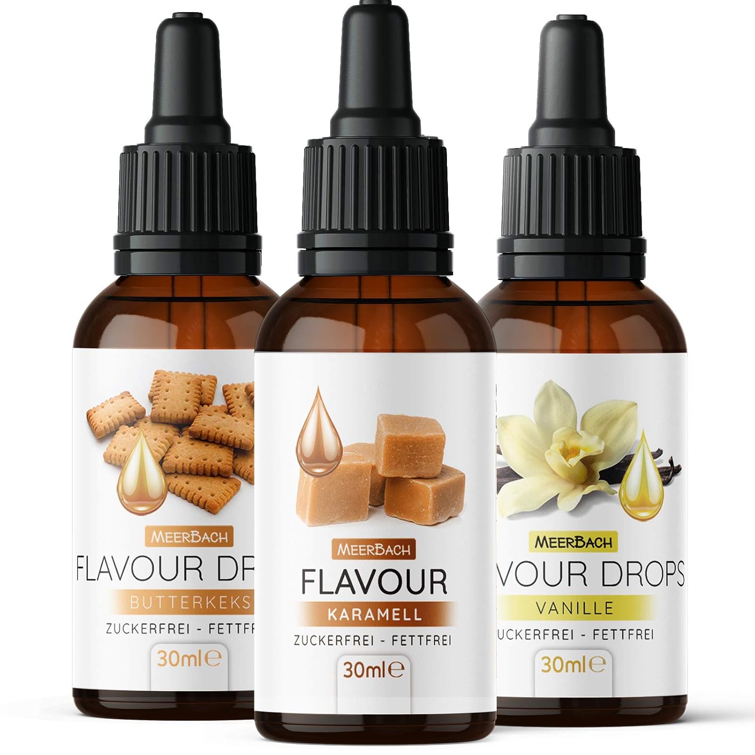 Flavour Drops • 3er Probierset mit Karamell, Vanille, Butterkeks