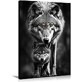 Canvas Wall Art Wolf Decor Black and White Picture Wolf and Cub Painting Wild Animal Poster Modern Artwork for Kids Room Living Room Bedroom Home Decor Framed - 12.00